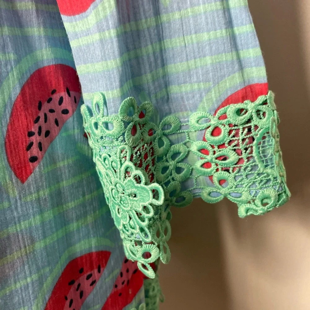STS Sail To Sable Tunic Dress SZ S Watermelon Print Green Tassel Cotton - Picture 5 of 16